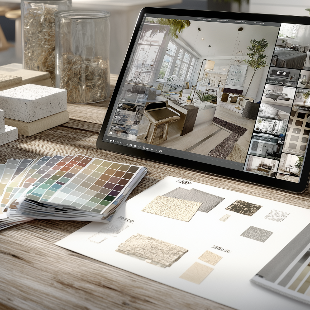 Interior designer reviewing a digital Pinterest board and sketching a design concept